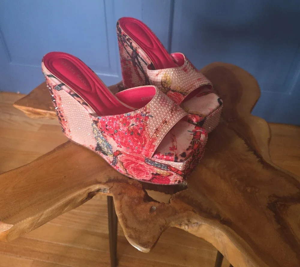 Floral Pink Platform Slide Sandals